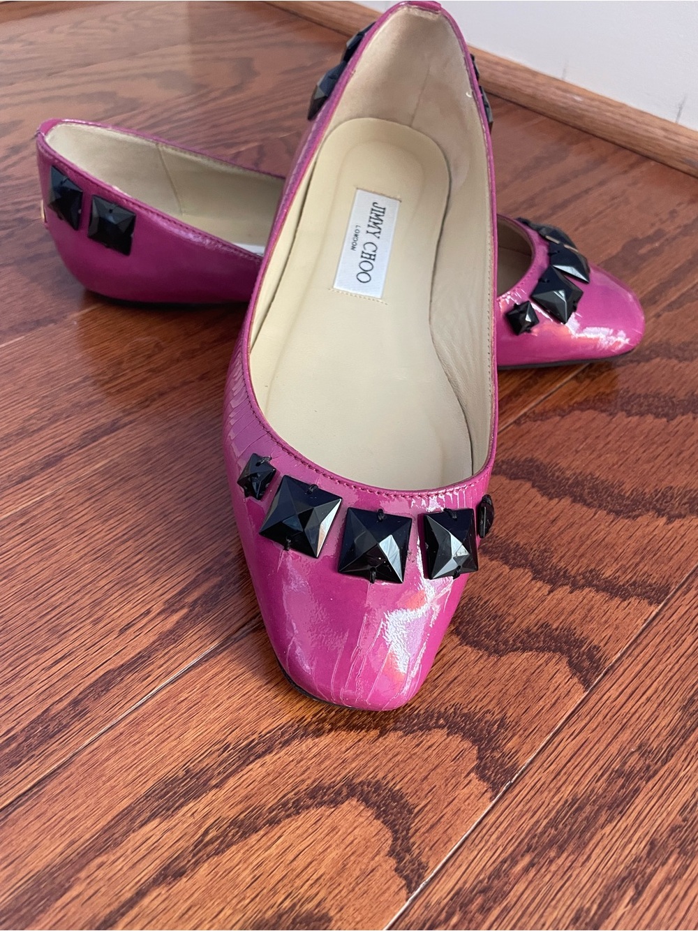 Jimmy Choo Fuchsia Patent Leather Stud-Embellished Pointed Flats